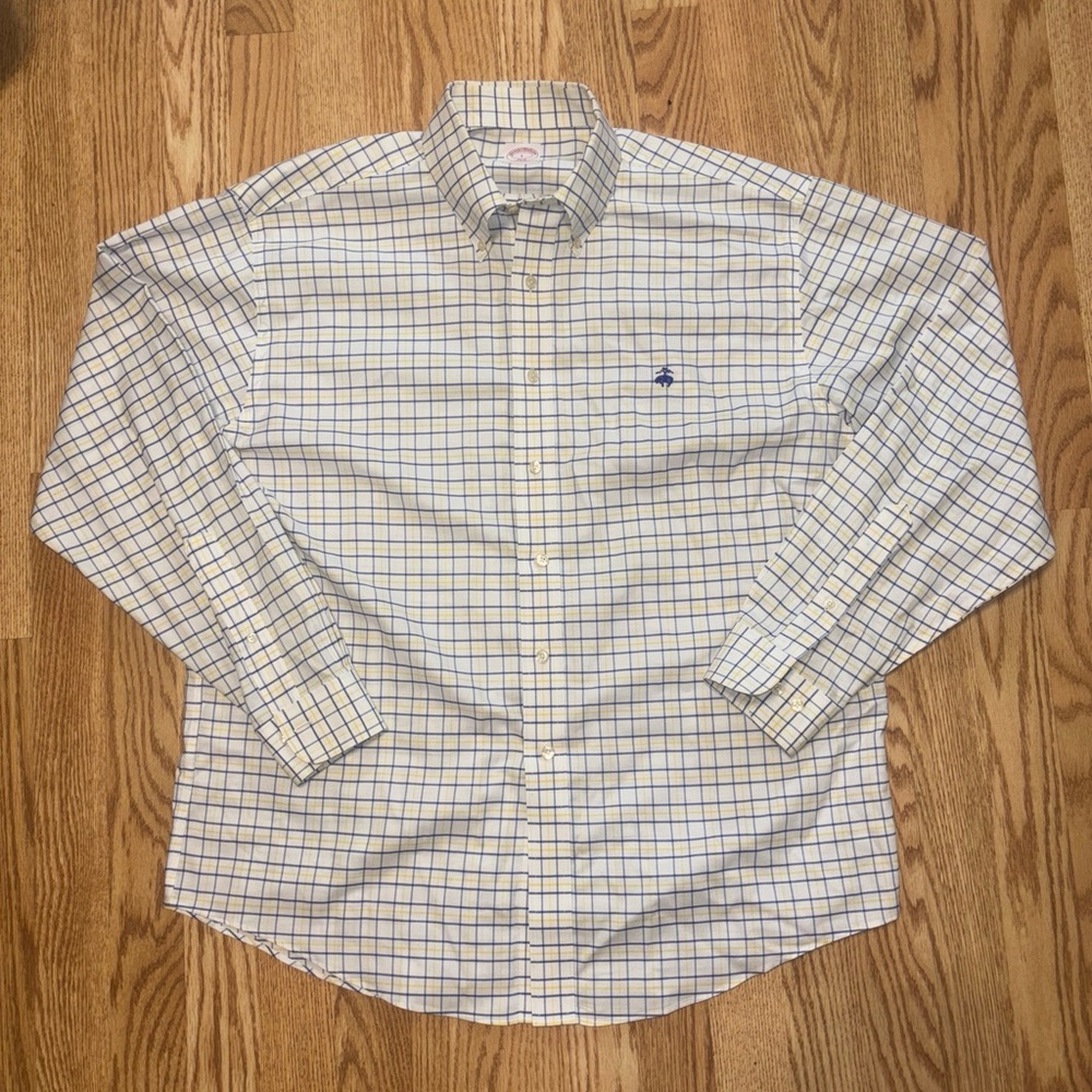 Brooks Brothers 346 Blue And Yellow Plaid Shirt Mens L Button Up Long Slv Cotton